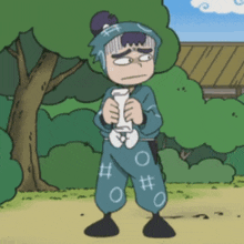 a cartoon character is holding a piece of paper and making a face