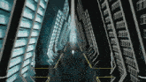 a computer generated image of a futuristic hallway with lots of shelves