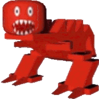 a red robot with white eyes and teeth is standing on its hind legs