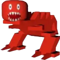 a red robot with white eyes and teeth is standing on its hind legs