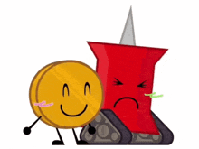 a cartoon illustration of a coin and a pin with a sad face