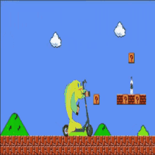 a video game scene with a fish riding a scooter