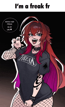 a girl with red hair and a black shirt that says freak on it