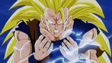 a cartoon character from dragon ball z is holding a lightning bolt in his hand .