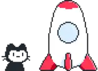 a pixel art drawing of a cat standing next to a rocket .