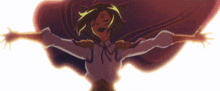 a woman with her arms outstretched and a purple cape
