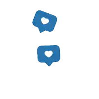 two blue speech bubbles with hearts inside of them on a white background