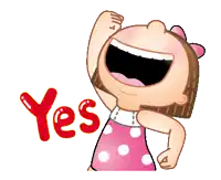 a girl in a pink polka dot dress is laughing and says yes