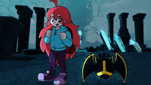 a girl with red hair is standing next to a bat