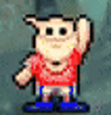 a pixel art of a man in a red shirt and blue shorts raising his hand .