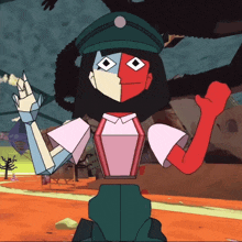 a cartoon character with a green hat has a red arm