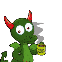 a cartoon dragon is holding a cup of coffee and the words rise and grind are above it