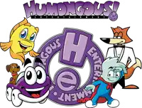 a logo for humorous entertainment with cartoon characters