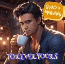 a man drinking a cup of coffee with the words " good morning forever yours " above him