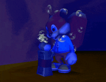 a cartoon character in a blue jacket is blowing bubbles