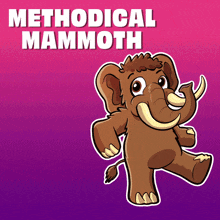 a methodical mammoth cartoon on a pink and purple background