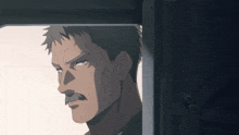 a man with a mustache is looking out a doorway