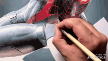 a person is drawing a spider man with a pencil and the words made in animotica are on the bottom
