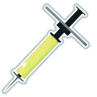 a sticker of a yellow syringe with a black handle on a white background