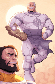 a man with a beard is standing next to another man in a white suit