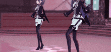 two anime characters are dancing on a stage with a purple background