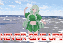 a girl stands on a beach with the words never give up