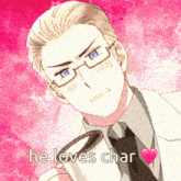 a man in a suit and tie is holding a cup with the words he loves char written below him