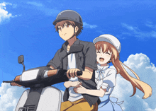 a boy and a girl are riding a scooter and the girl is smiling