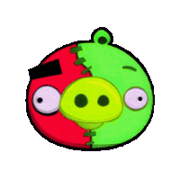 a green and red angry bird with stitches in its face