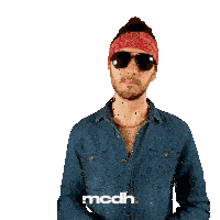 a man wearing sunglasses and a bandana with the word mcdh on the bottom right