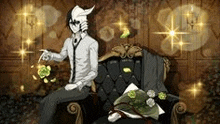 Vintage Ulquiorra Sitting On A Chair Throwing Flowers On The Ground GIF