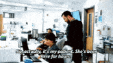 a man standing next to a woman in front of a computer with the words no actually it 's my patient .