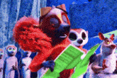 a group of cartoon animals are reading a book