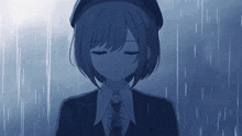 a girl with her eyes closed standing in the rain