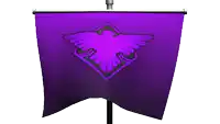a purple flag with a bird on it is hanging on a pole