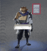 a raccoon holding a box in front of a burger of the day sign