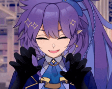 a cartoon character with purple hair and black gloves is smiling