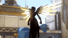 a video game character with angel wings is standing in front of a building that says u.n.r.u.