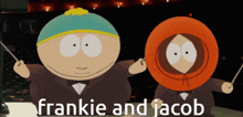 a cartoon of frankie and jacob holding baton