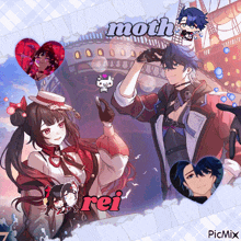 a picture of a girl and a boy with moth and rei on the bottom