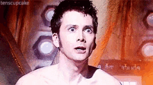 a shirtless man with a surprised look on his face is being animated by tenscupcake