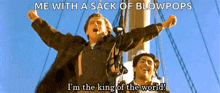 two men are standing on a boat with their arms in the air and a caption that says me with a sack of blowpops