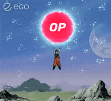 a cartoon character is flying through the air holding a red ball that says op on it