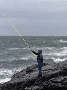 a man fishing on a rocky shore with a yellow rod