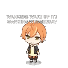 a cartoon character with orange hair is standing in front of a white background with the words wankers wake up its wanking wednesday .