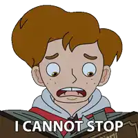 a cartoon of a boy reading a book with the words " i cannot stop " below him