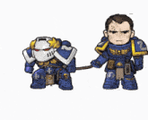 a cartoon drawing of a space marine on a leash with the number 2 on his chest