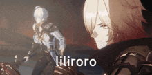two anime characters are standing next to each other with the word liliroro on the bottom right
