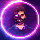 a man wearing a skull mask is surrounded by a purple glowing circle