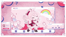 a screen shows a girl holding a microphone and a rainbow